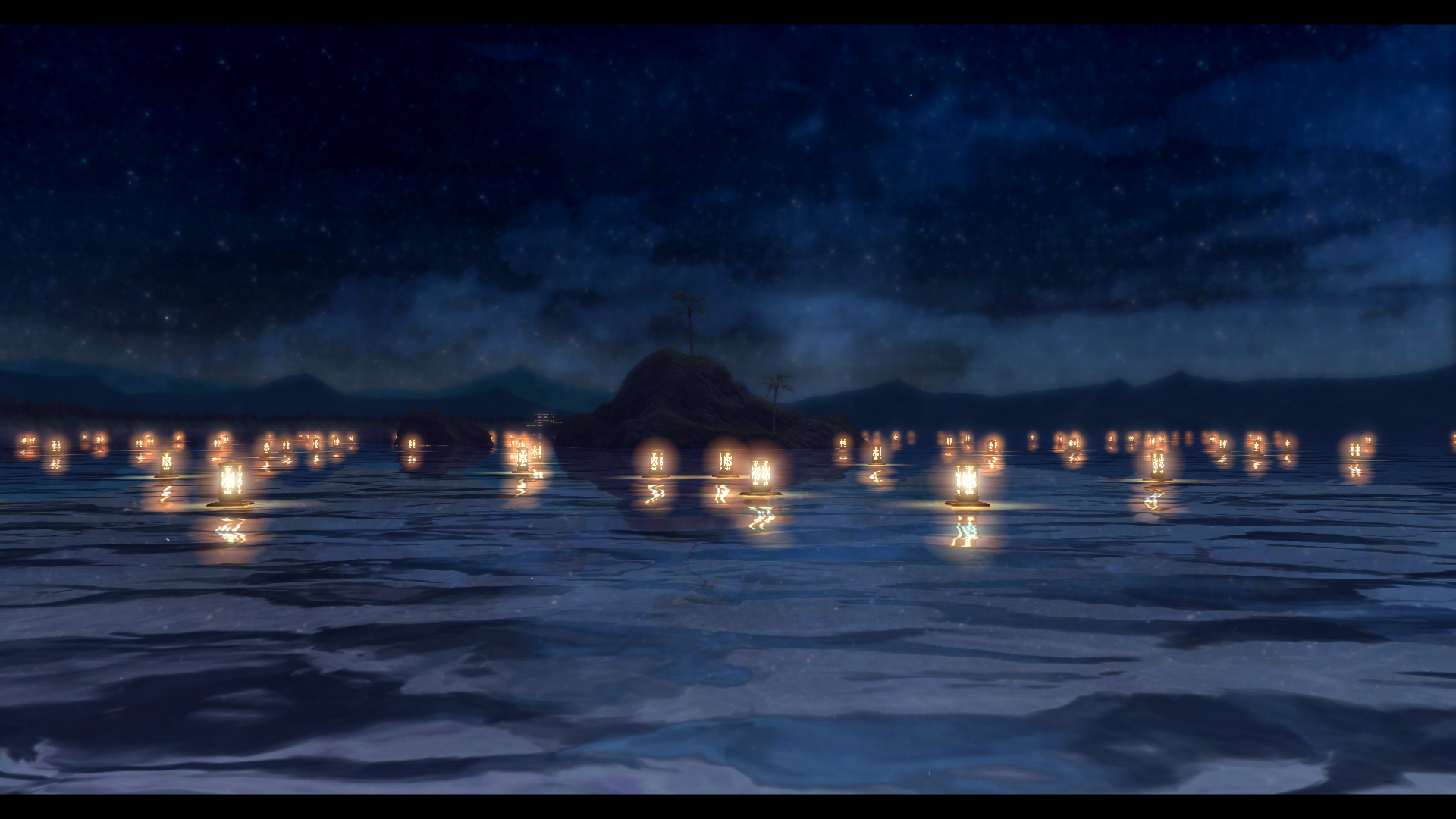 Scenic photo of the Mishelam lake beach lanterns