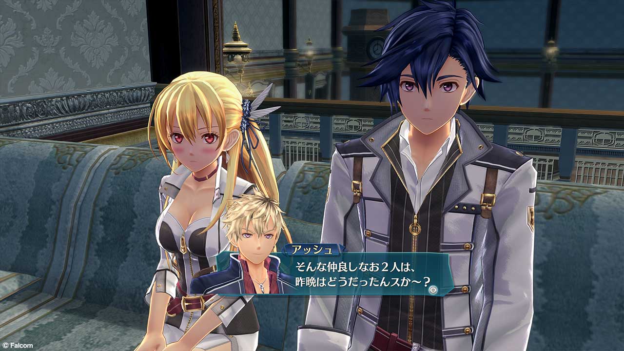 Promotional screenshot from 영웅전설 섬의 궤적 III of Alisa sitting next to Rean Schwarzer, with Ash Carbide speaking to them.